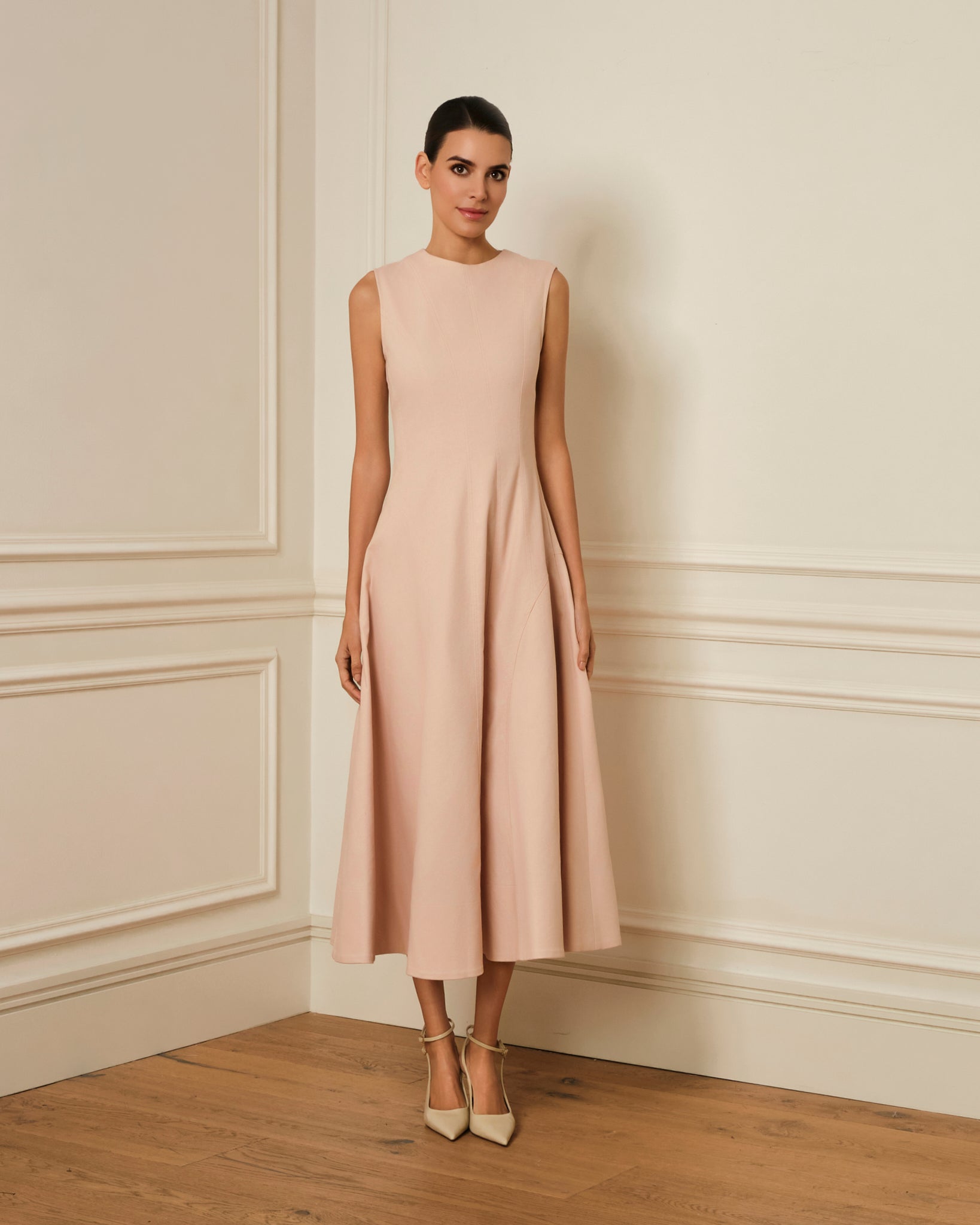 PREVENTA VESTIDO MIDI DENIM CON COSTURAS VISTAS ROSA