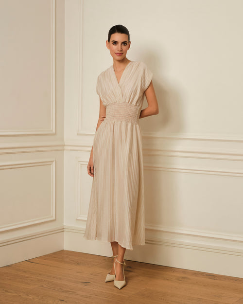 VESTIDO MIDI CON ESTAMPADO DE RAYAS BEIGE