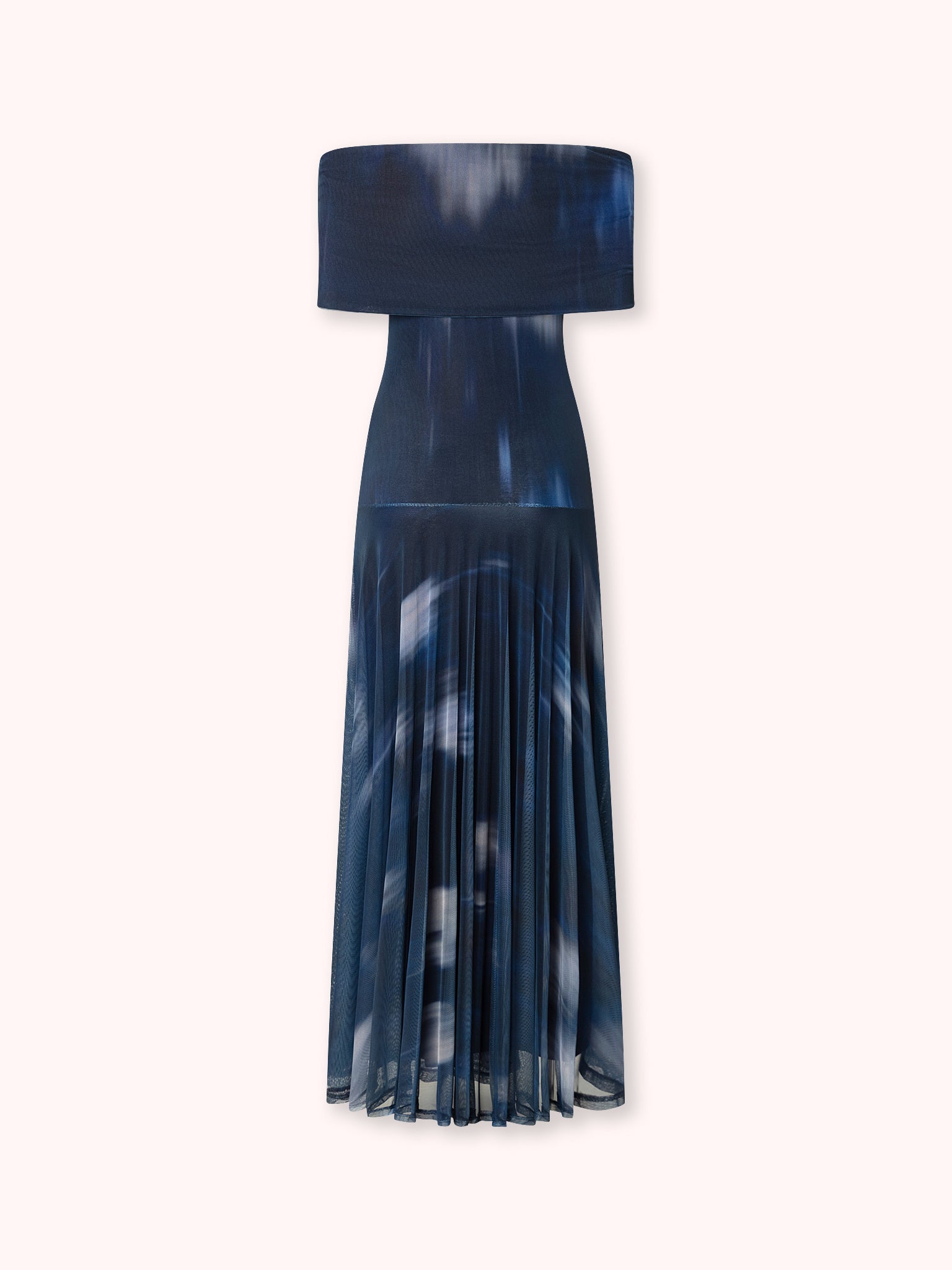 VESTIDO OFF SHOULDER DE TUL ESTAMPADO AZUL MARINO