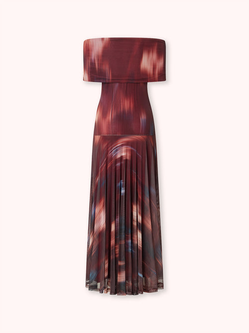 VESTIDO OFF SHOULDER DE TUL ESTAMPADO BURDEOS