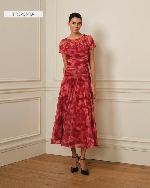 VESTIDO MIDI DRAPEADO DE TUL ESTAMPADO ROJO