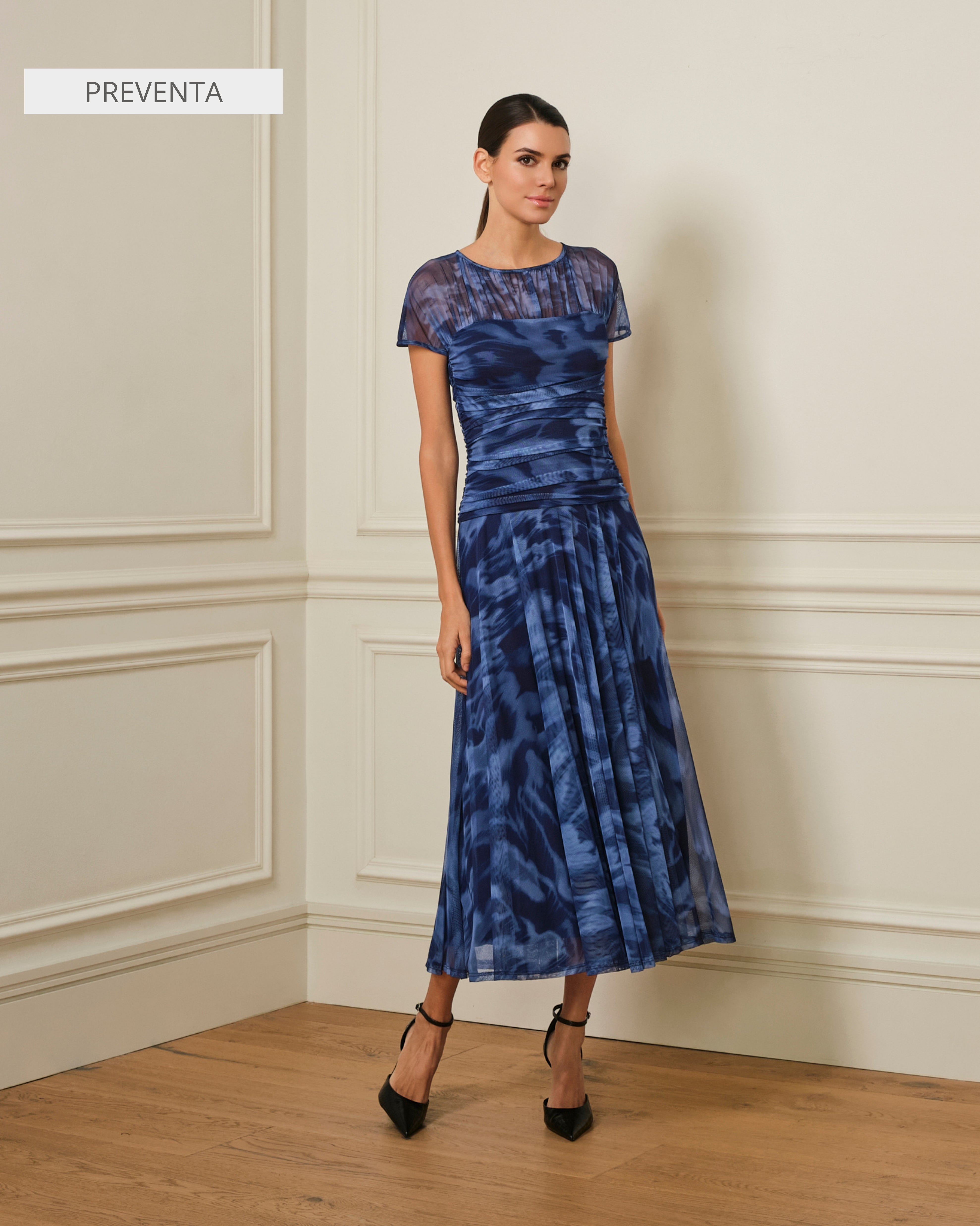 VESTIDO DRAPEADO DE TUL ESTAMPADO AZUL MARINO