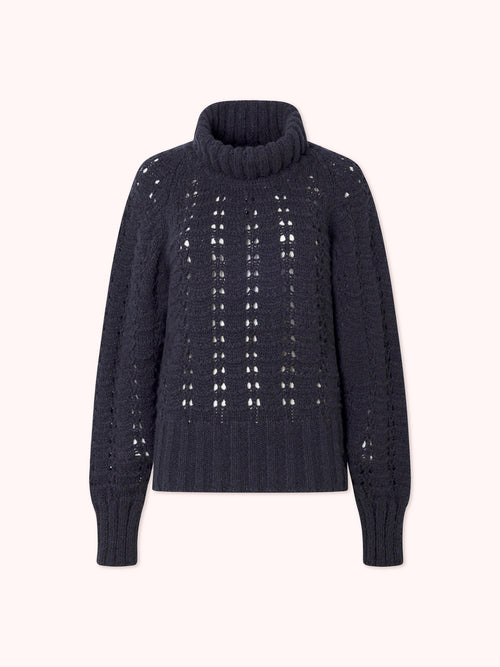 SUÉTER DE PUNTO CALADO CON CUELLO CISNE AZUL MARINO
