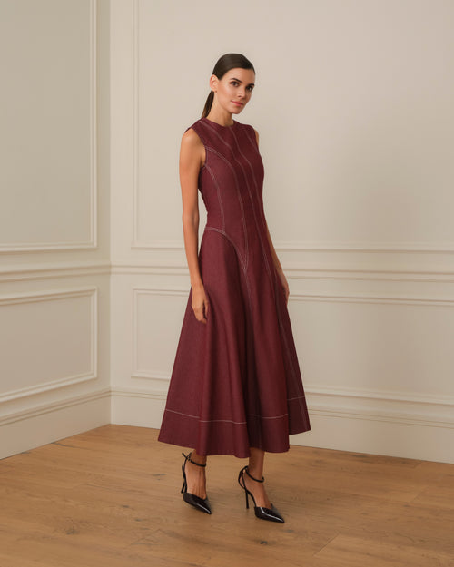 VESTIDO MIDI DENIM CON COSTURAS VISTAS GRANATE