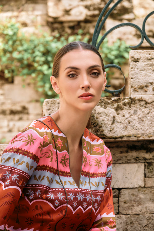 KAFTÁN ESTAMPADO NARANJA TROPICAL VEDHA