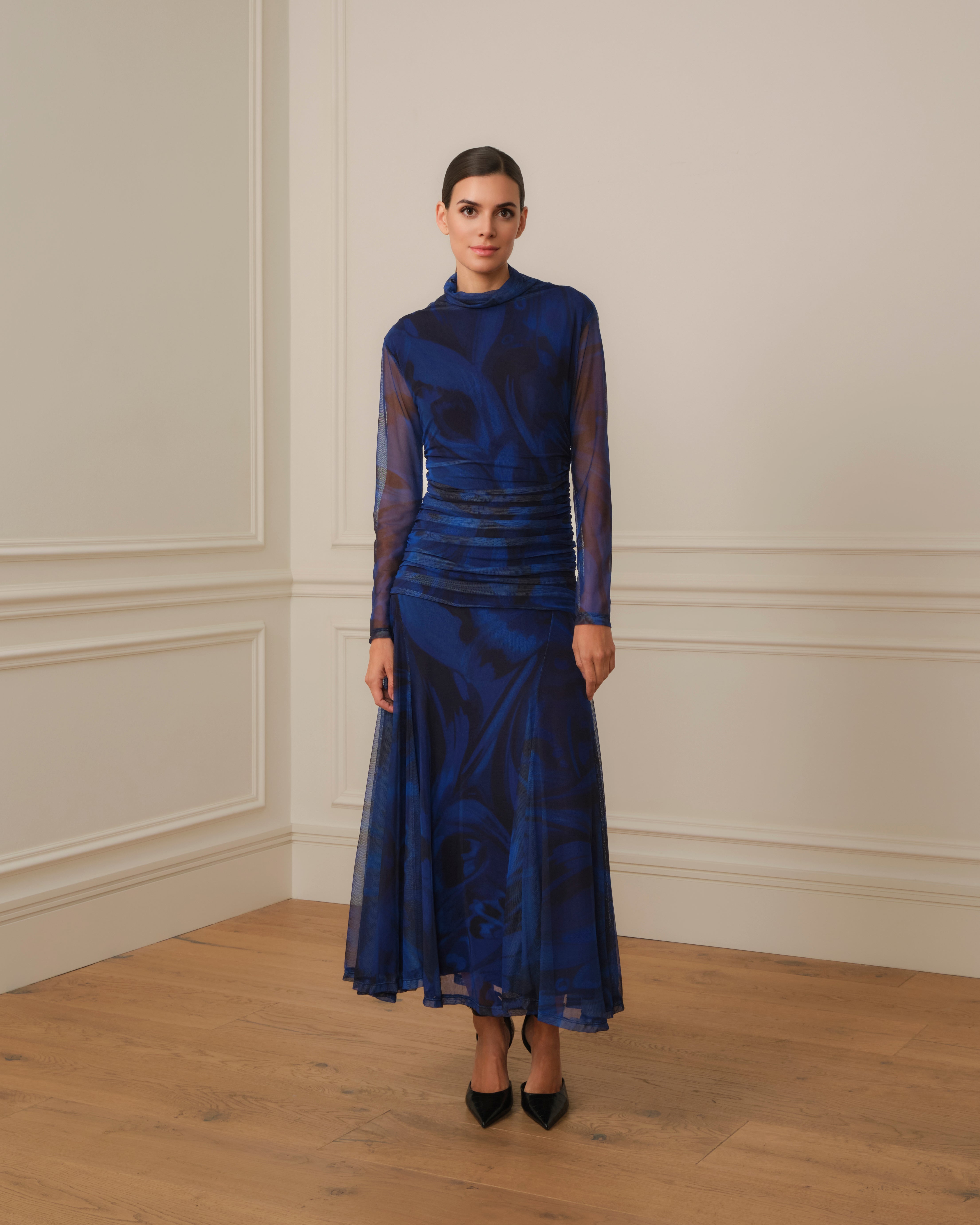 VESTIDO MANGA DRAPEADO AZUL