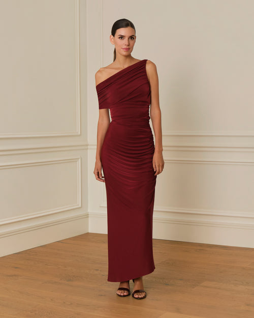 VESTIDO LARGO ASIMÉTRICO GRANATE