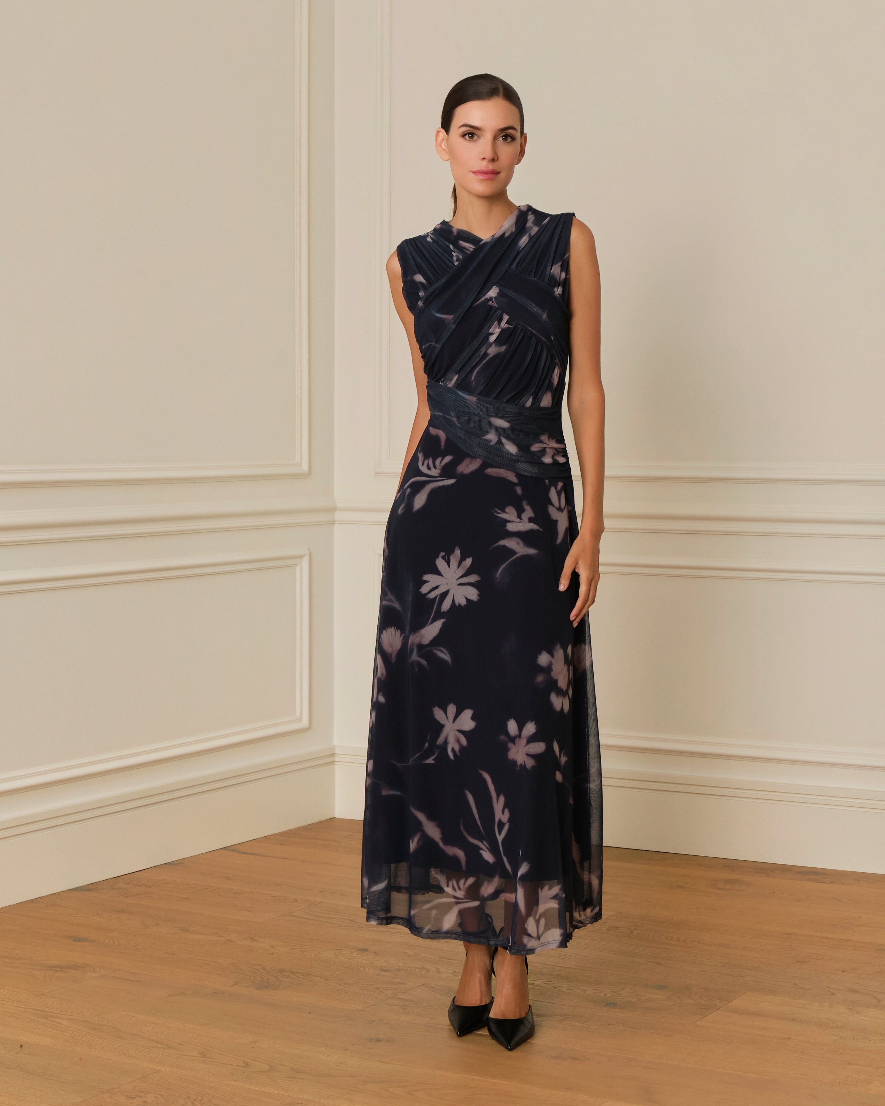 VESTIDO DRAPEADO DE TUL CON ESTAMPADO FLORAL AZUL MARINO
