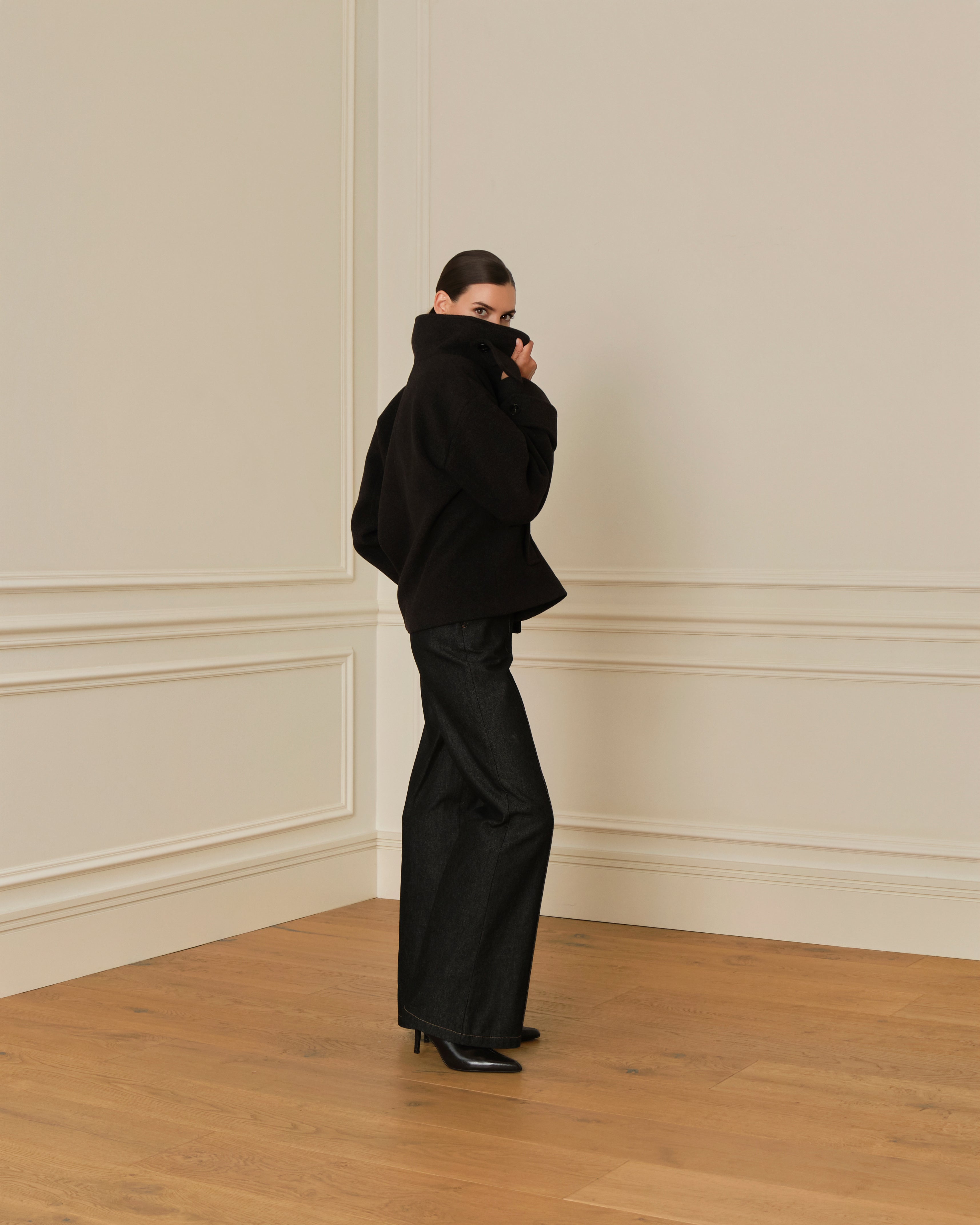 PRE-ORDER ABRIGO CRUZADO CON CUELLO PERKINS GRIS OSCURO