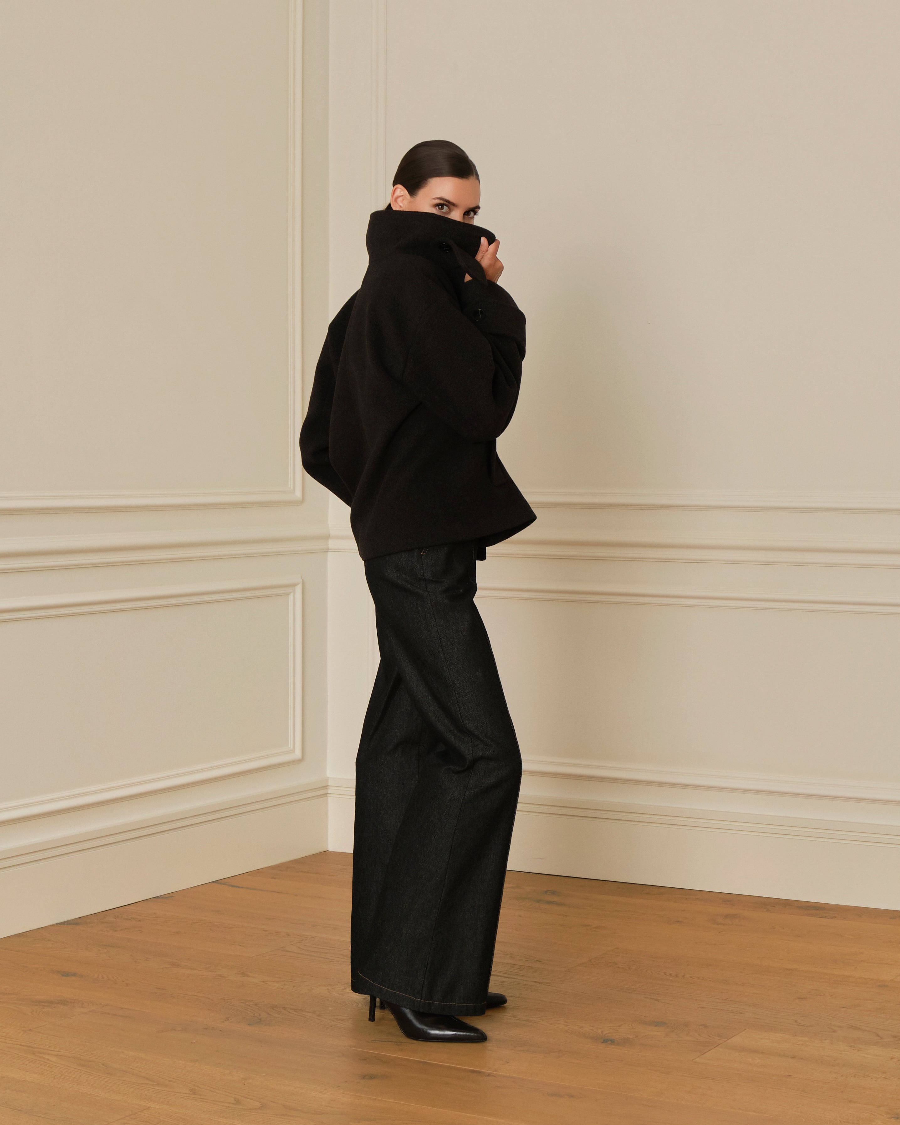 ABRIGO CRUZADO CON CUELLO PERKINS GRIS OSCURO