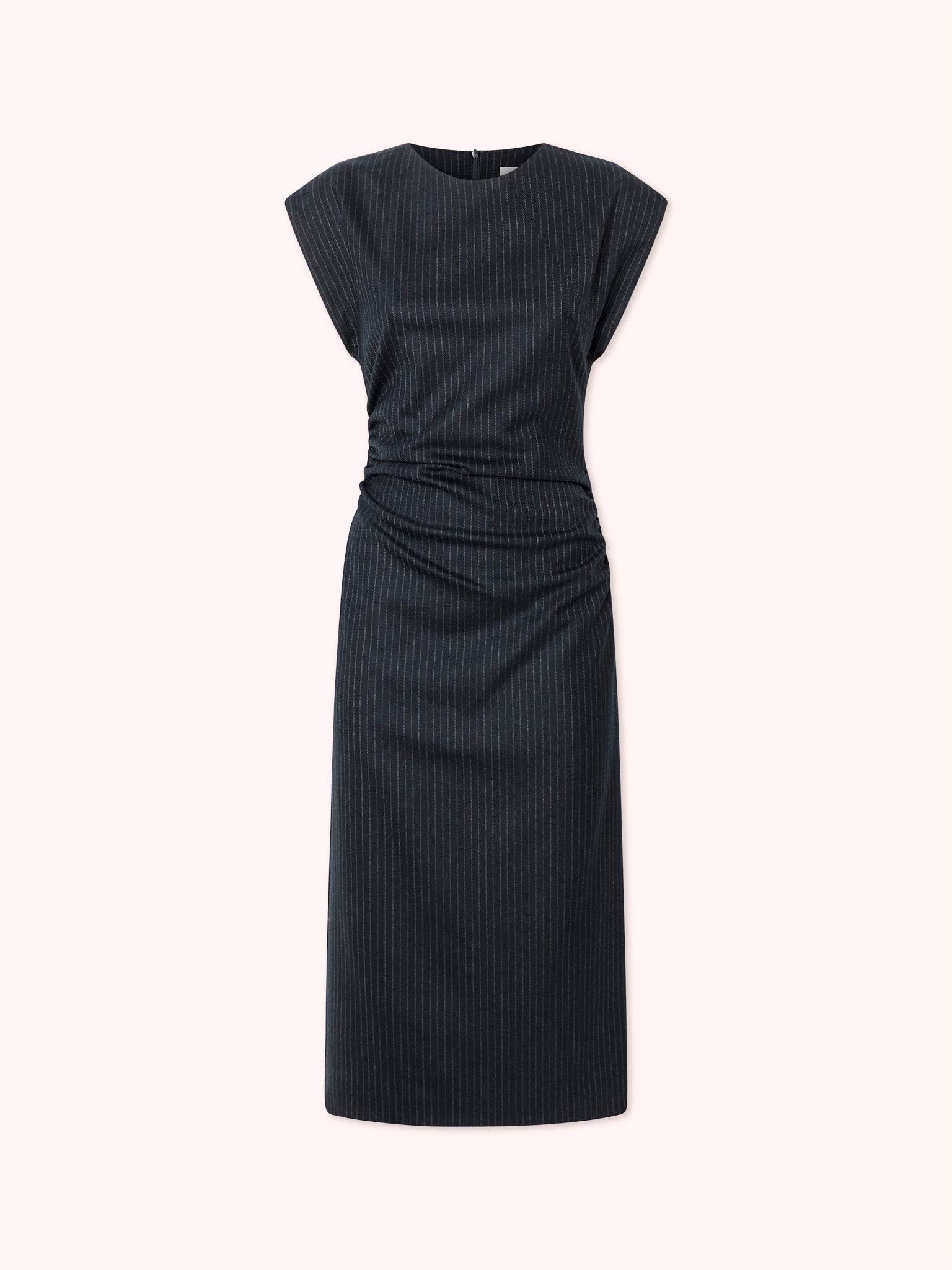 VESTIDO MIDI DRAPEADO DE RAYA DIPLOMÁTICA