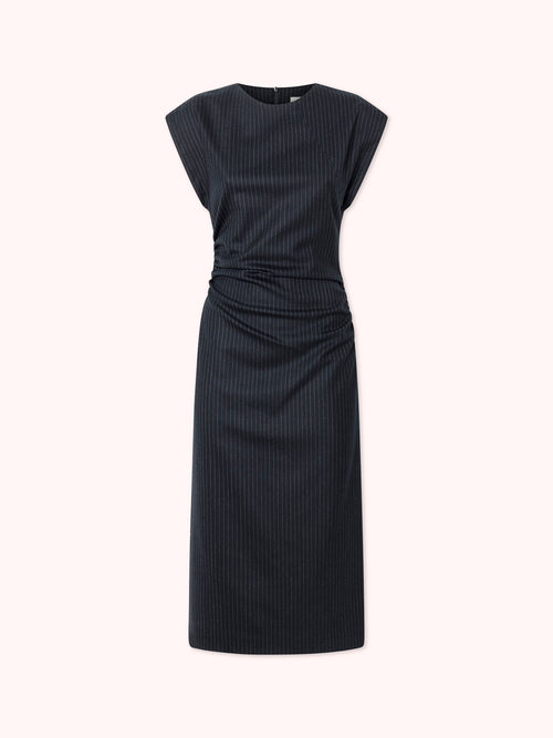 VESTIDO MIDI DRAPEADO DE RAYA DIPLOMÁTICA