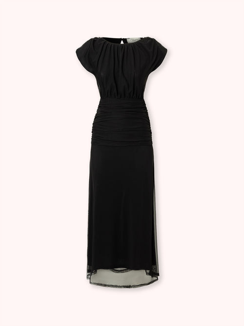 VESTIDO LARGO DRAPEADO HOMBRERAS NEGRO