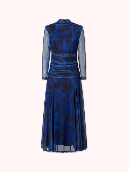 VESTIDO MANGA LARGA DRAPEADO AZUL