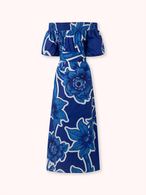 VESTIDO MIDI ESTAMPADO OFF SHOULDER AZUL