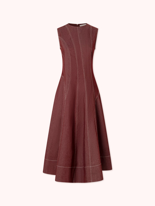 VESTIDO MIDI DENIM CON COSTURAS VISTAS GRANATE