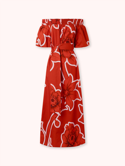 VESTIDO MIDI ESTAMPADO OFF SHOULDER ROJO