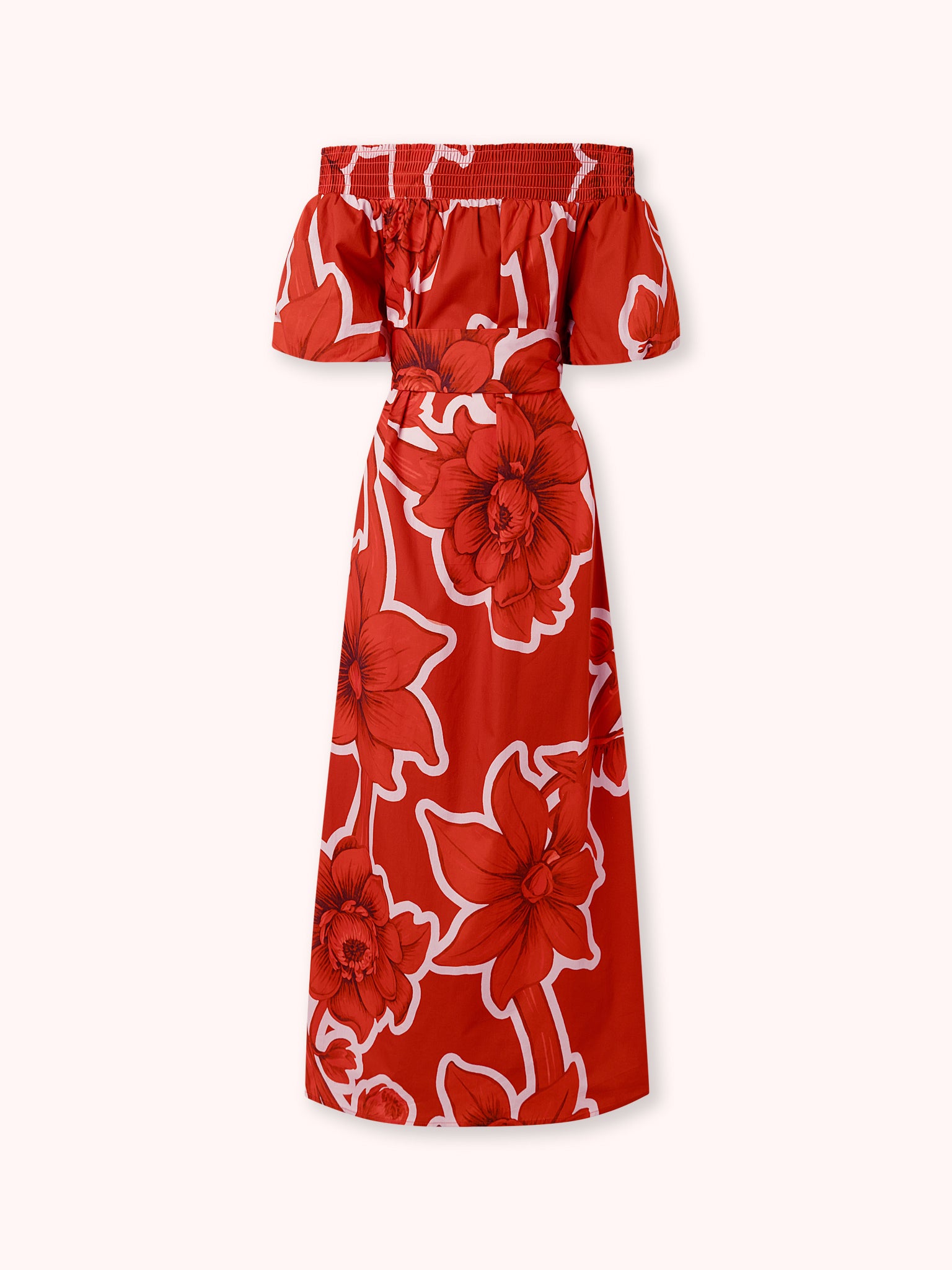 VESTIDO MIDI ESTAMPADO OFF SHOULDER ROJO
