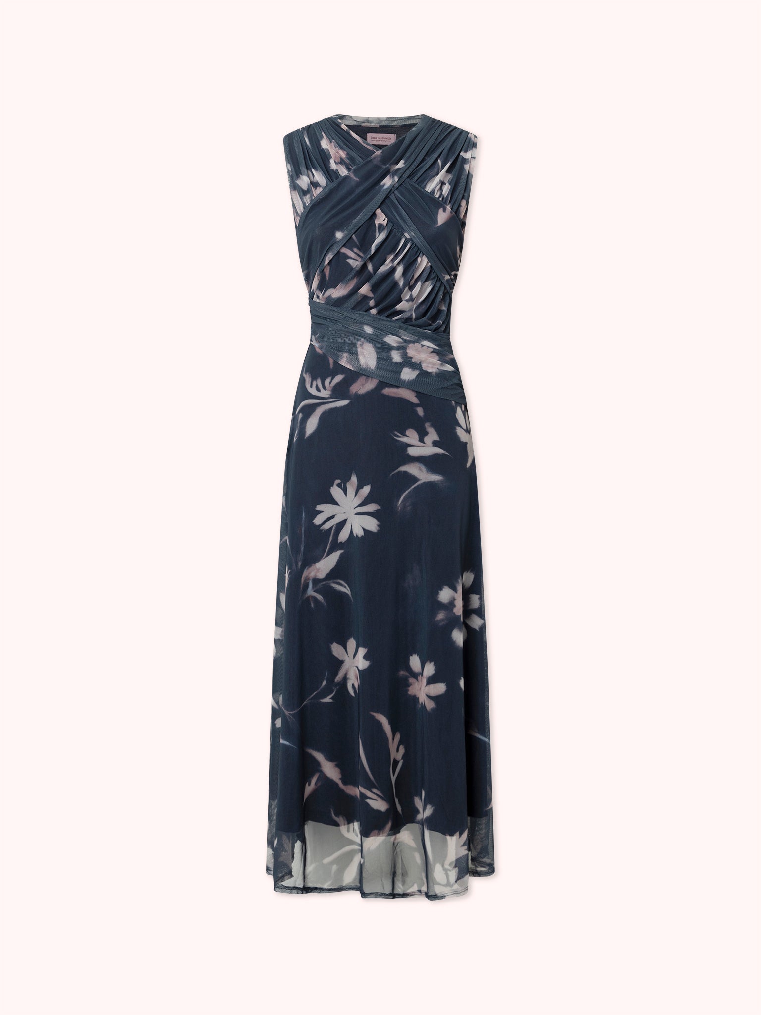 VESTIDO DRAPEADO DE TUL CON ESTAMPADO FLORAL AZUL MARINO