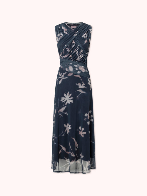 VESTIDO DRAPEADO DE TUL CON ESTAMPADO FLORAL AZUL MARINO