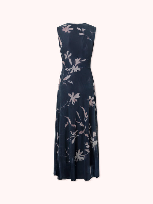 VESTIDO DRAPEADO DE TUL CON ESTAMPADO FLORAL AZUL MARINO