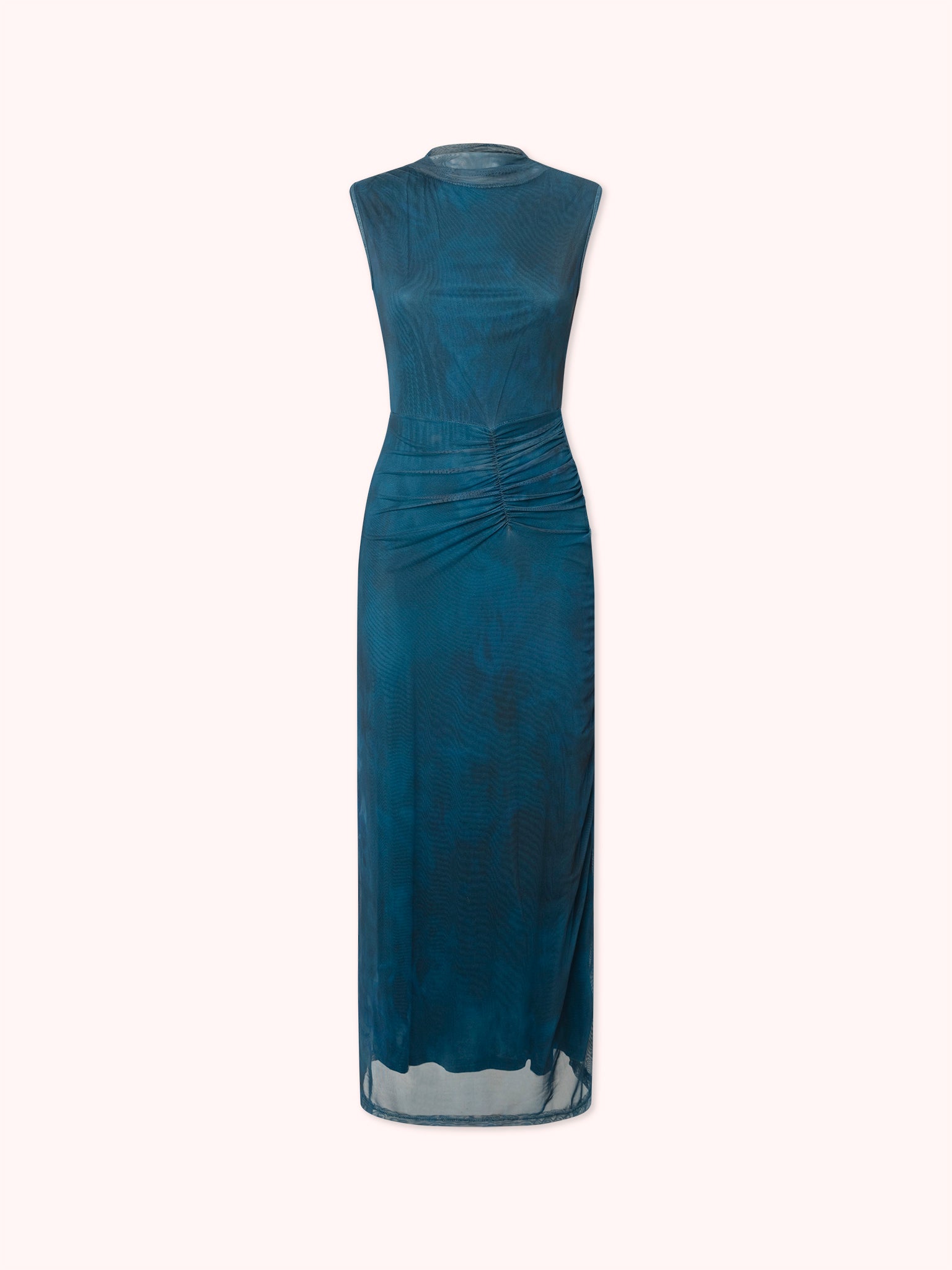 VESTIDO ENTALLADO CON DRAPEADO EN TUL AZUL MARINO