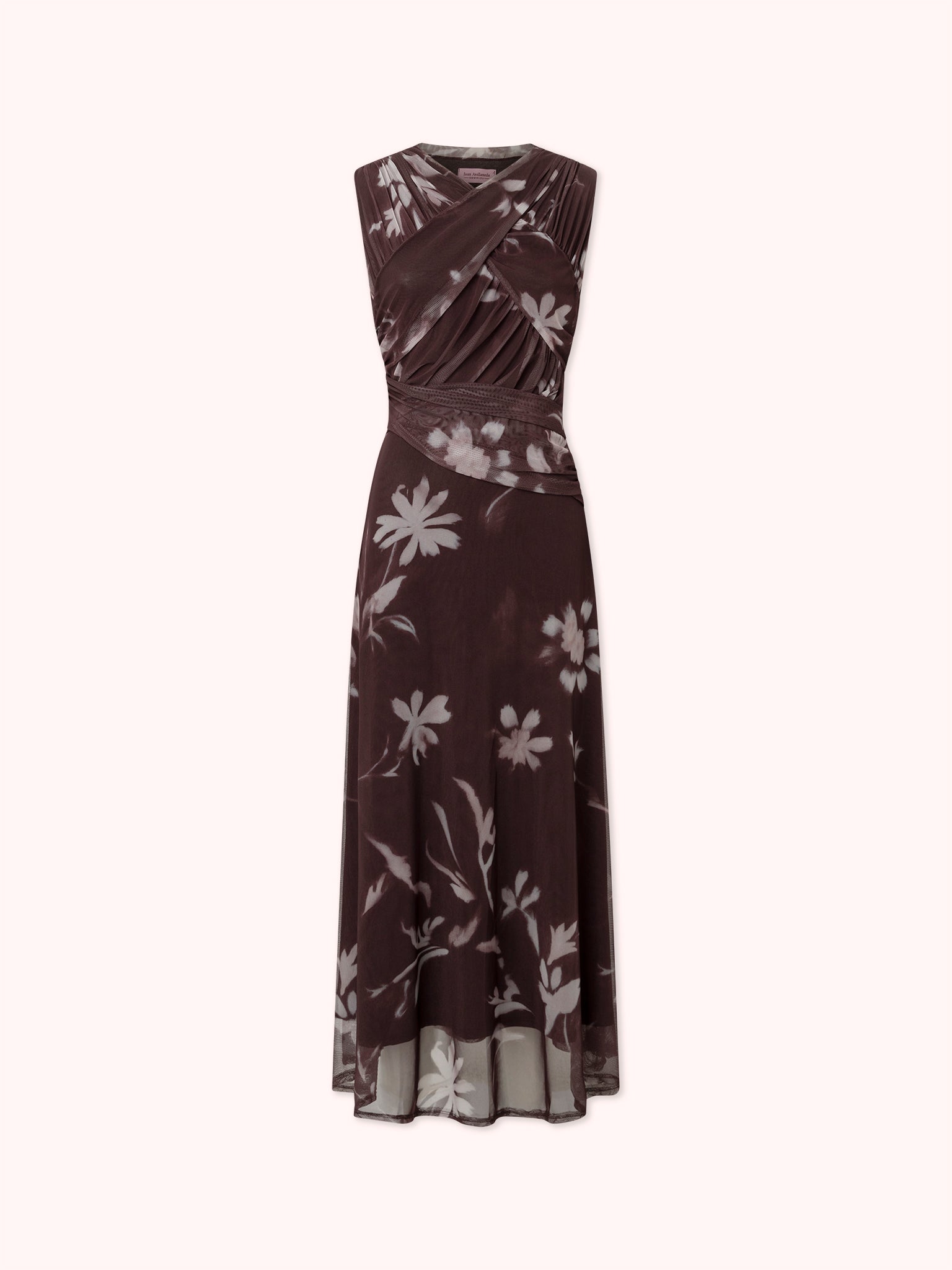 VESTIDO DRAPEADO DE TUL CON ESTAMPADO FLORAL BURDEOS