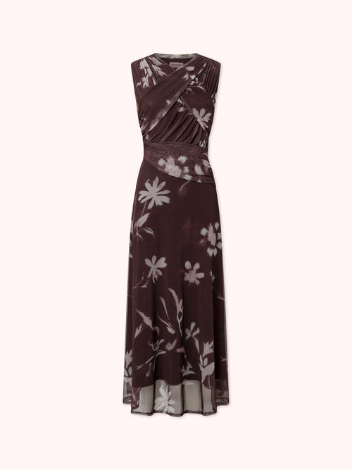 VESTIDO DRAPEADO DE TUL CON ESTAMPADO FLORAL BURDEOS