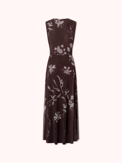 VESTIDO DRAPEADO DE TUL CON ESTAMPADO FLORAL BURDEOS
