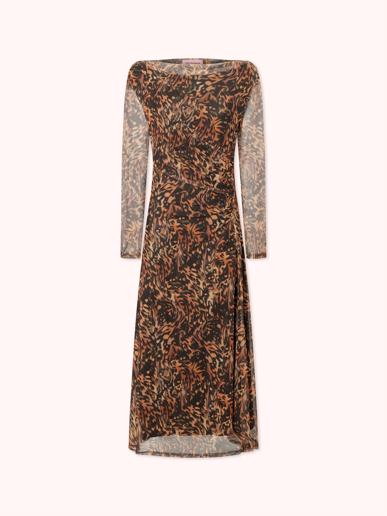 VESTIDO MANGA LARGA DRAPEADO CON ESTAMPADO NARANJA