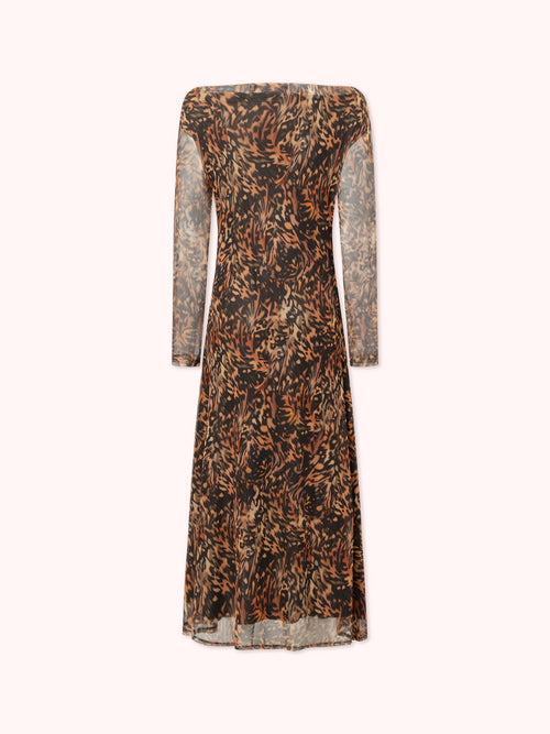 VESTIDO MANGA LARGA DRAPEADO CON ESTAMPADO NARANJA