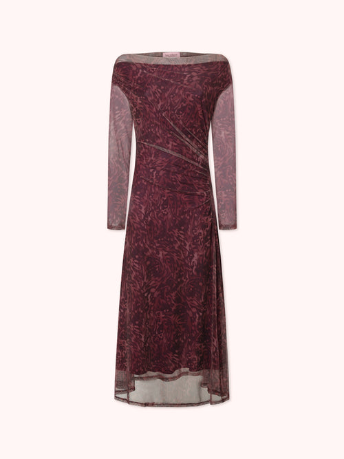 VESTIDO MANGA LARGA DRAPEADO CON ESTAMPADO MORADO