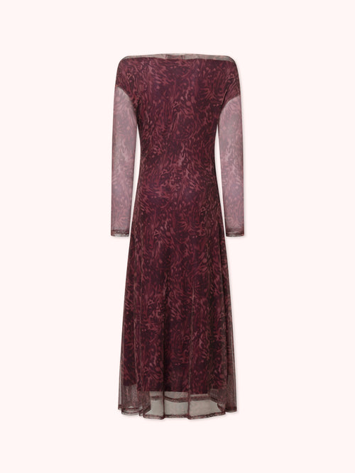 VESTIDO MANGA LARGA DRAPEADO CON ESTAMPADO MORADO