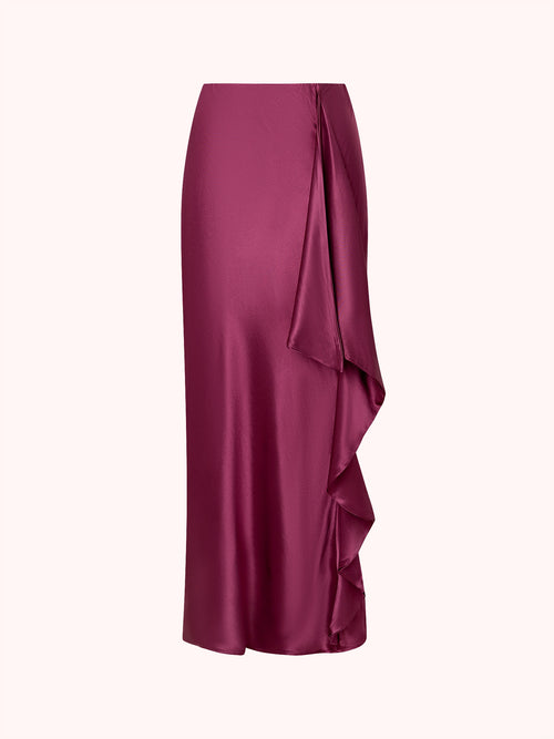 FALDA SATINADA CON VOLANTE MORADO
