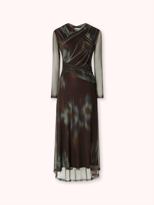 VESTIDO DE TUL CON DRAPEADO CRUZADO MARRÓN