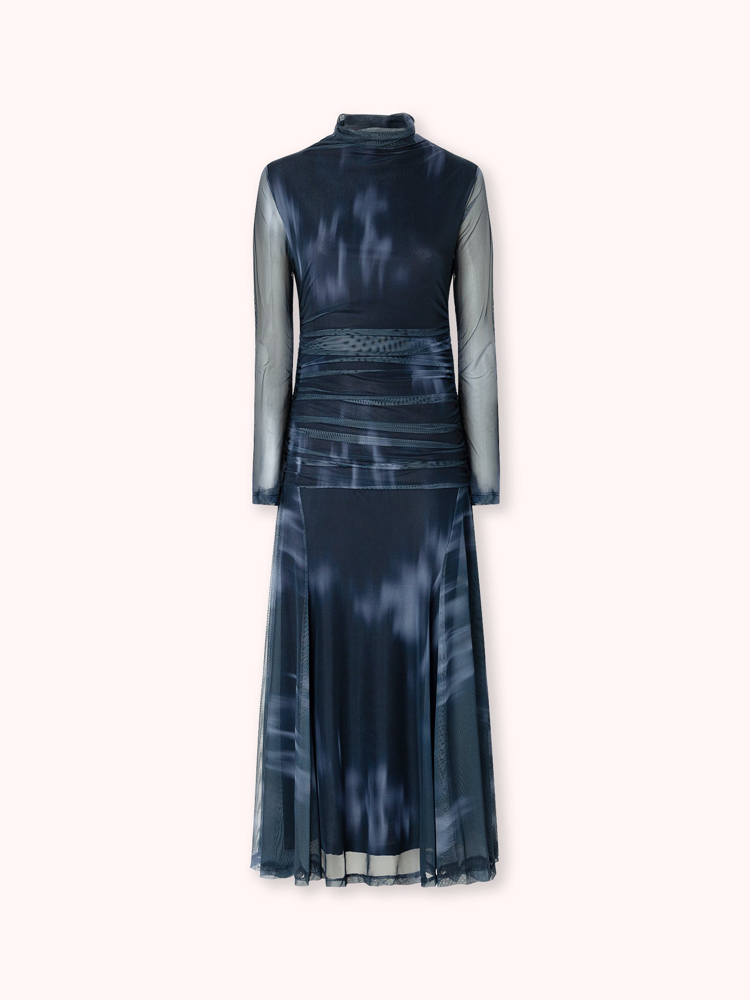 VESTIDO MIDI ESTAMPADO CON DRAPEADO AZUL MARINO