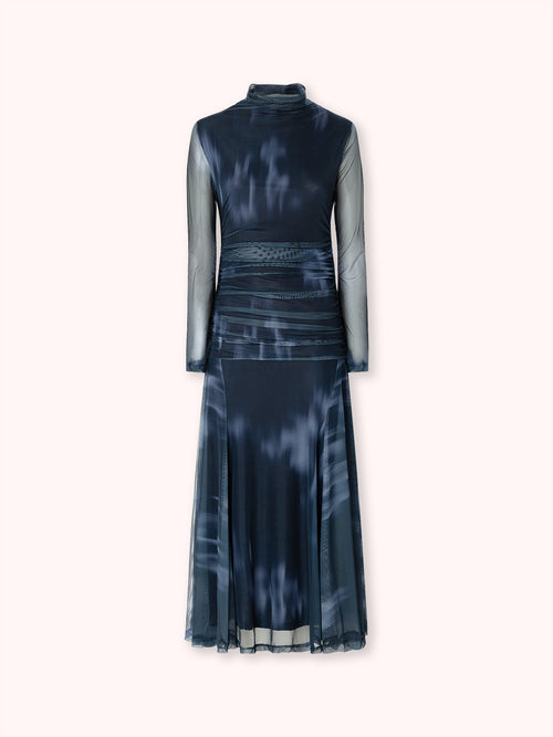 VESTIDO CUELLO ALTO CON DRAPEADO AZUL MARINO