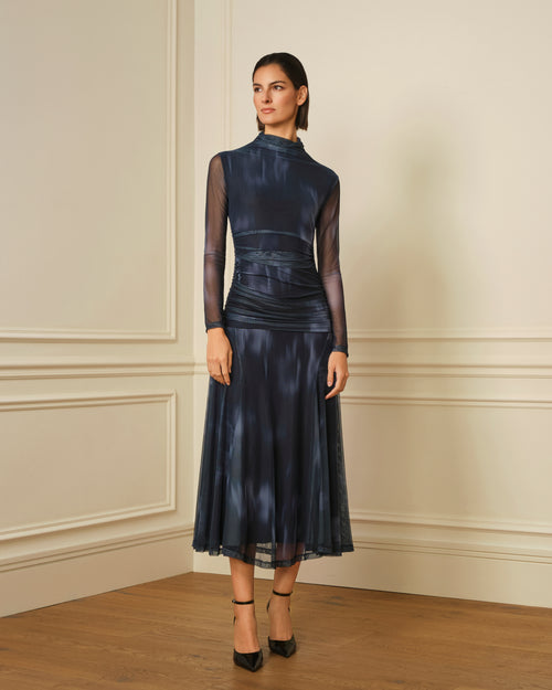 VESTIDO CUELLO ALTO CON DRAPEADO AZUL MARINO