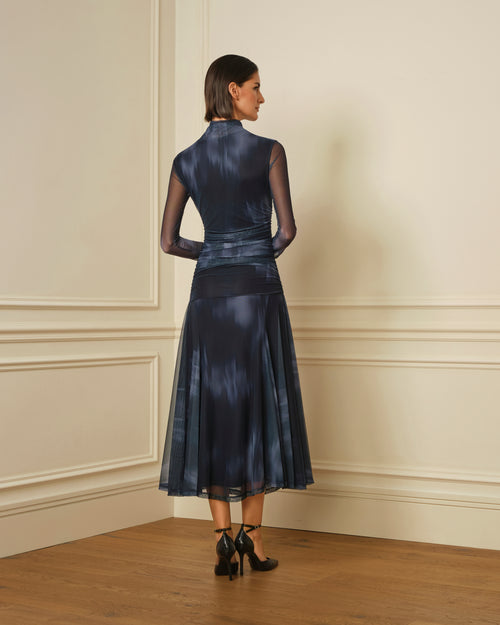 VESTIDO CUELLO ALTO CON DRAPEADO AZUL MARINO