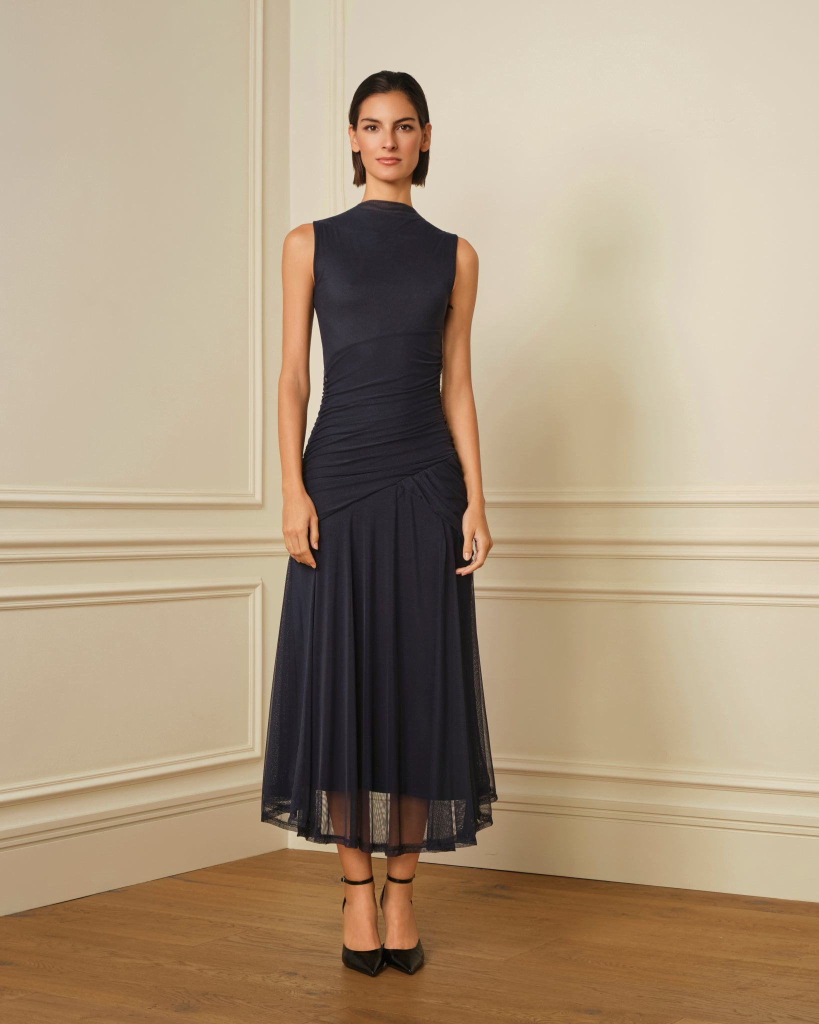 VESTIDO DE TUL DRAPEADO NAVY
