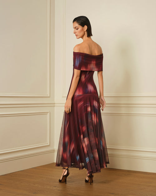VESTIDO OFF SHOULDER DE TUL ESTAMPADO BURDEOS