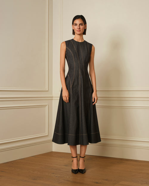 VESTIDO MIDI DENIM CON COSTURAS VISTAS NEGRO