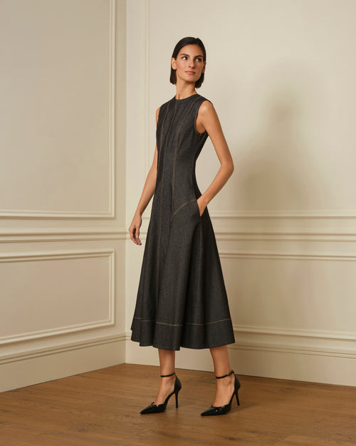 VESTIDO MIDI DENIM CON COSTURAS VISTAS NEGRO