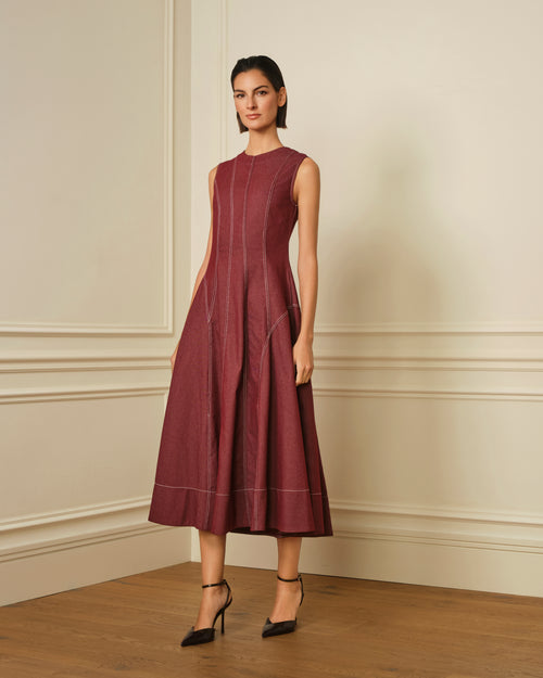 VESTIDO MIDI DENIM CON COSTURAS VISTAS GRANATE