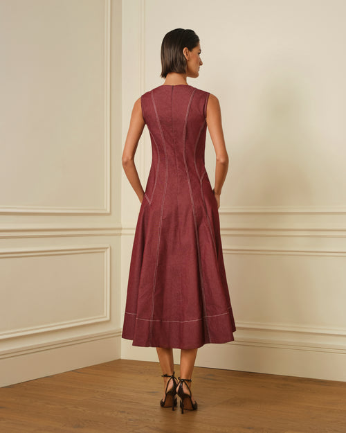 VESTIDO MIDI DENIM CON COSTURAS VISTAS GRANATE