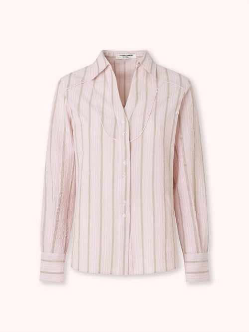 CAMISA CON DETALLE DE VIVO Y ESTAMPADO DE RAYAS ROSA