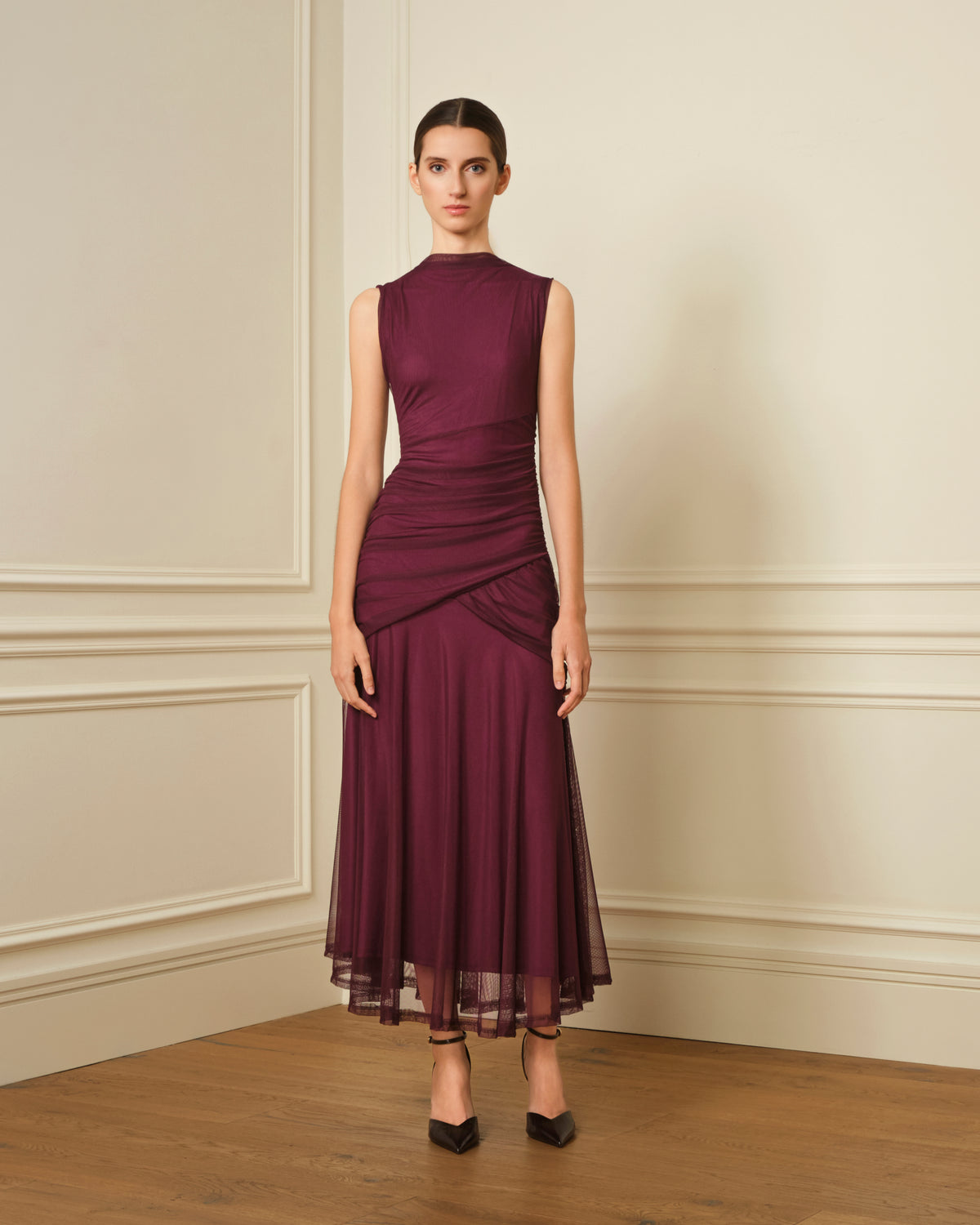 VESTIDO DE TUL DRAPEADO VIOLETA