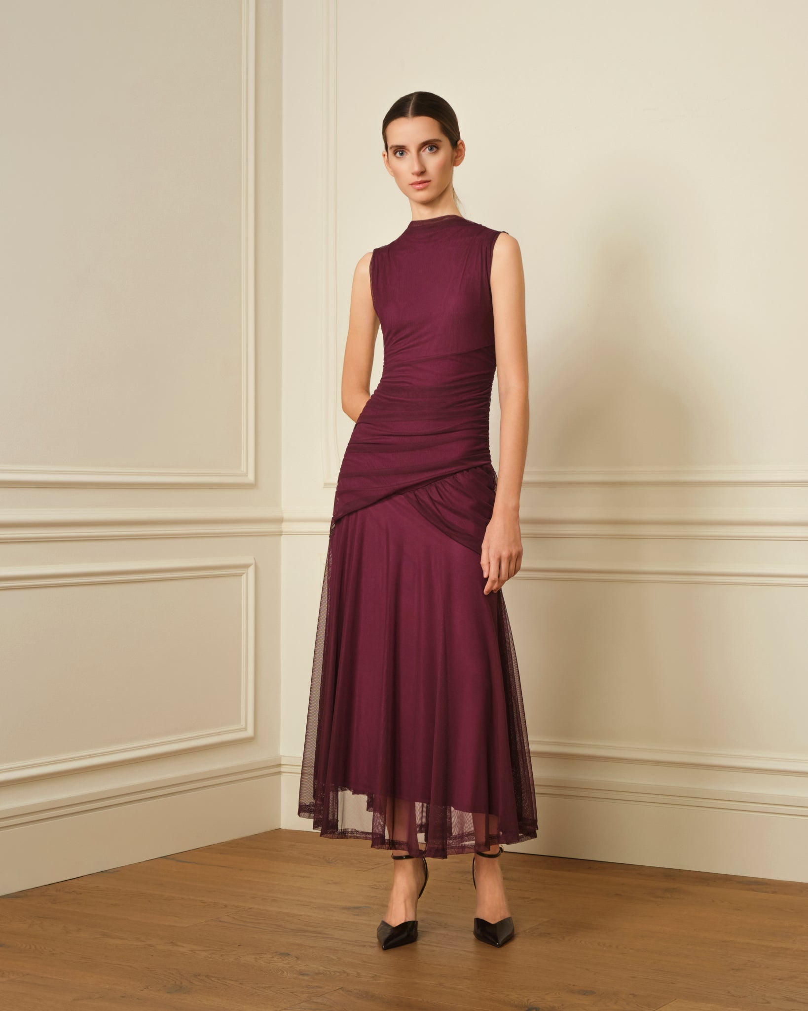 VESTIDO DE TUL DRAPEADO VIOLETA