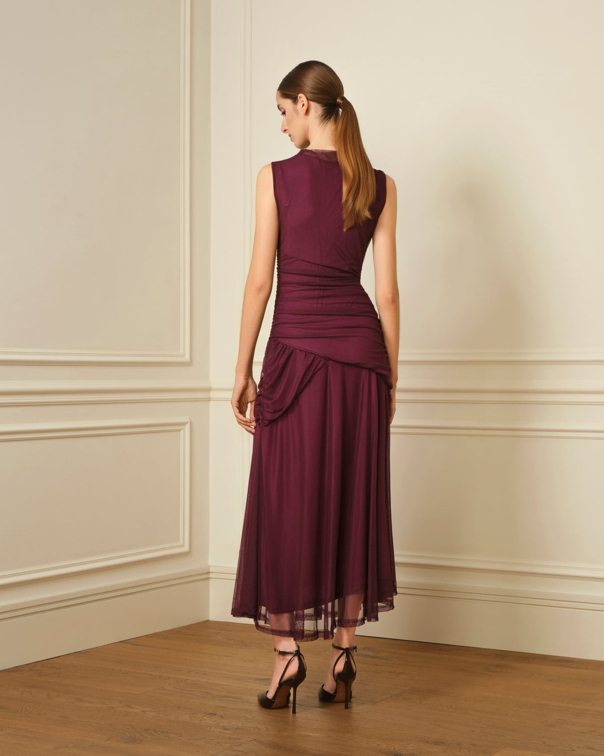 VESTIDO DE TUL DRAPEADO VIOLETA