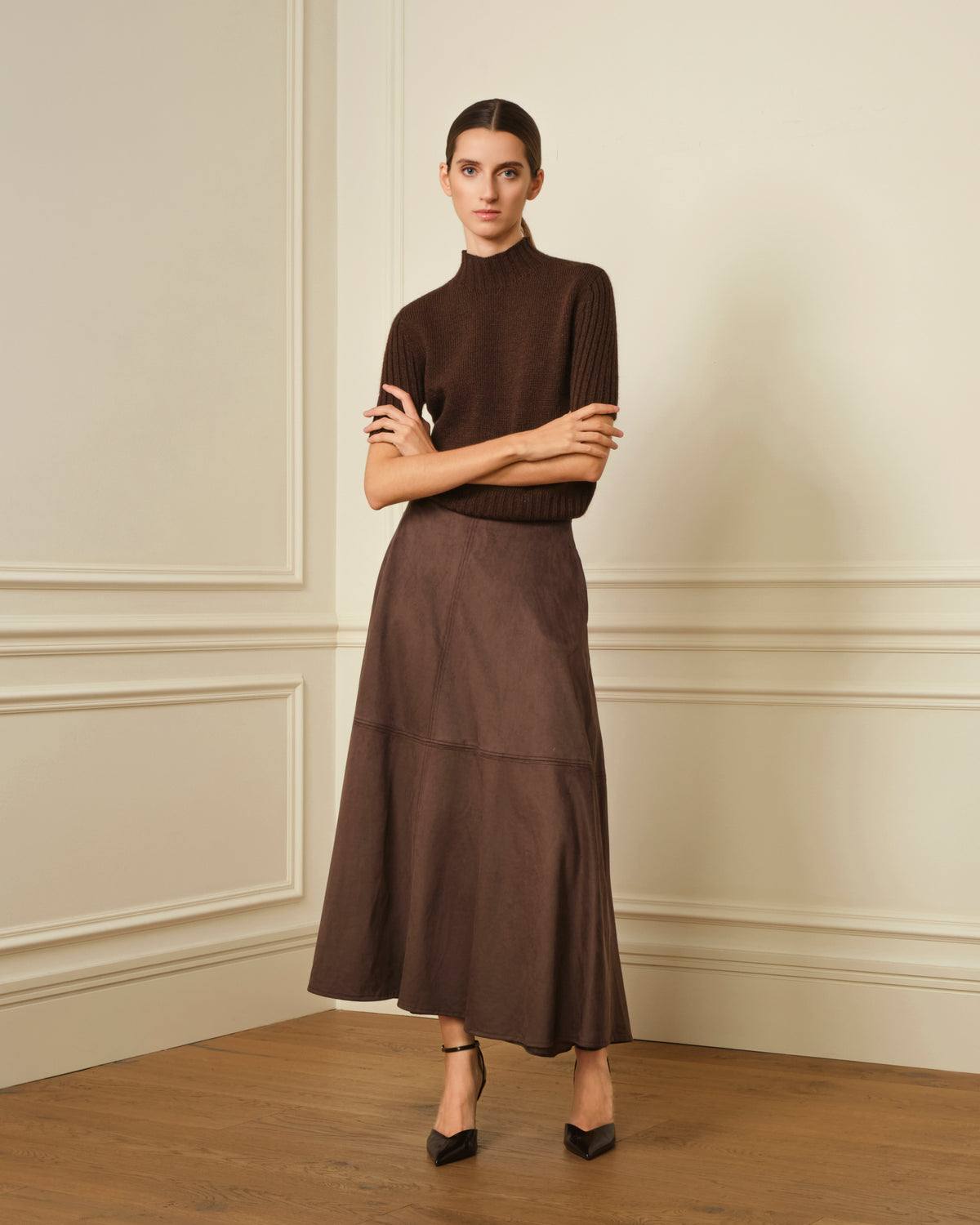 FALDA MIDI ANTE MARRÓN
